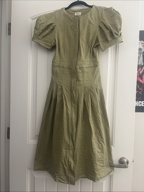 Lina Dresses & Skirts - Lina Olive Green Midi Dress with Puff Sleeves